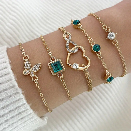 5-Piece Green Rhinestone Bracelet Set