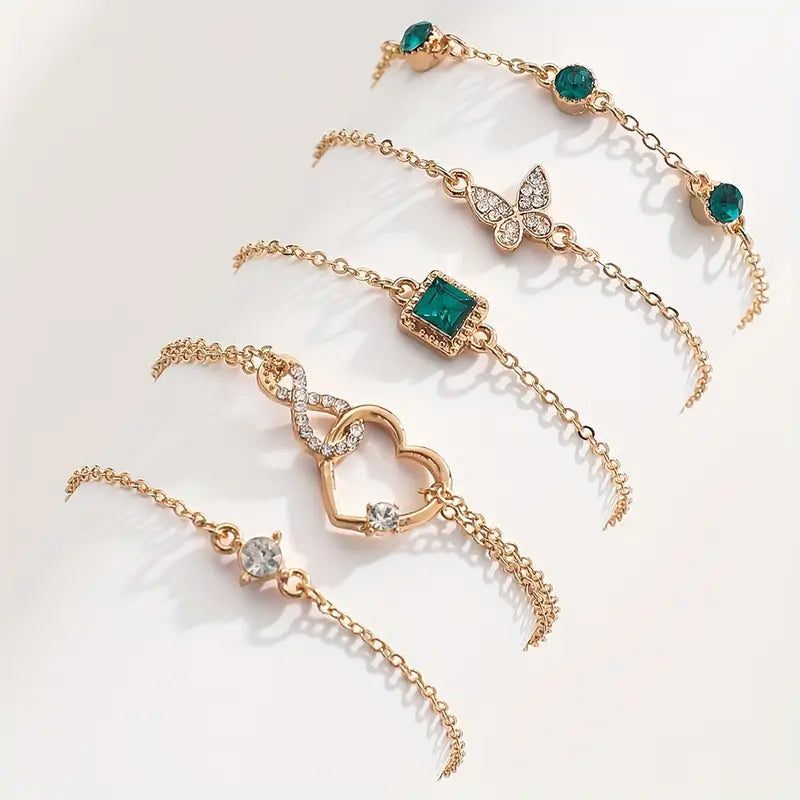 5-Piece Green Rhinestone Bracelet Set